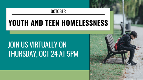 "Youth and Teen Homelessness" over young adult sitting on park bench